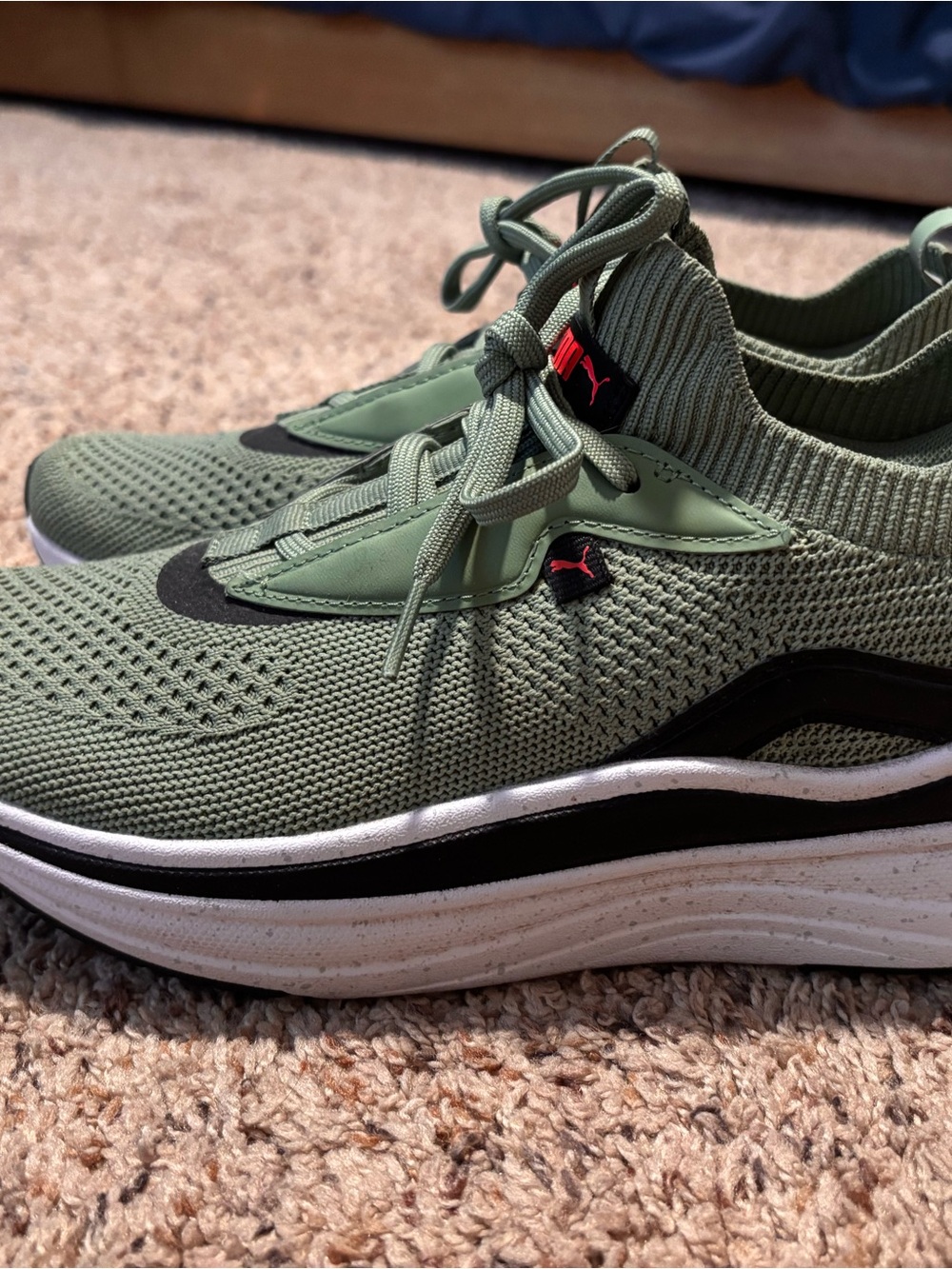 Puma Olive Green Knit Sock Sneakers with Black & Red Accents